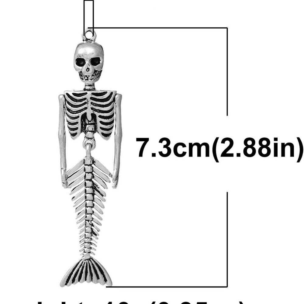 Siver Plated Vintage Human Skeleton Bones and Mermaid Skull Charm Dangle Earring - Picture 6 of 6